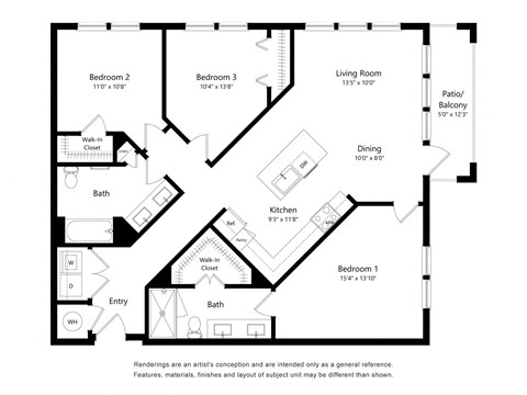 Floor plan for 3 beds, 2 baths, 1282 sqft